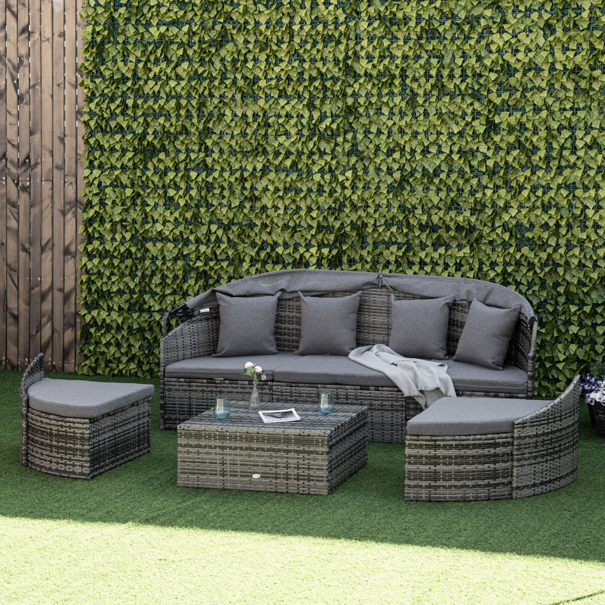 Rattan Sonneninsel 4-teilige Liegeinsel mit Sonnendach Sitzgruppe 4 Kissen Metall Grau 230 x 145 x 80 cm