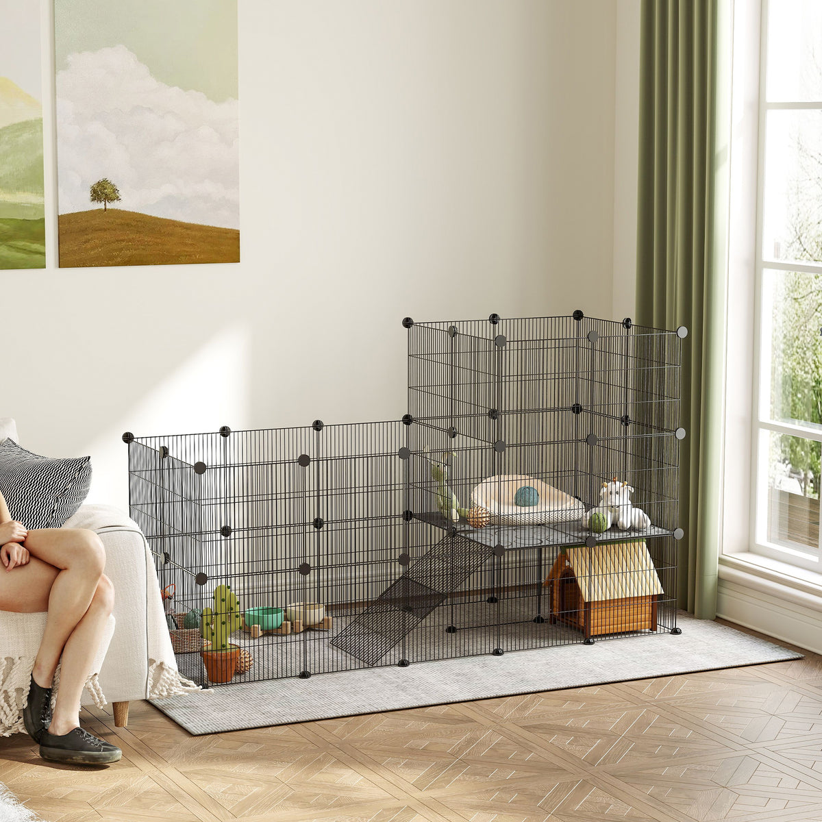 Gehege für Zwergkaninchen, 39-Paneel-Stall für kleine Haustiere, mit Rampe, für Kleintiere, Indoor, Schwarz