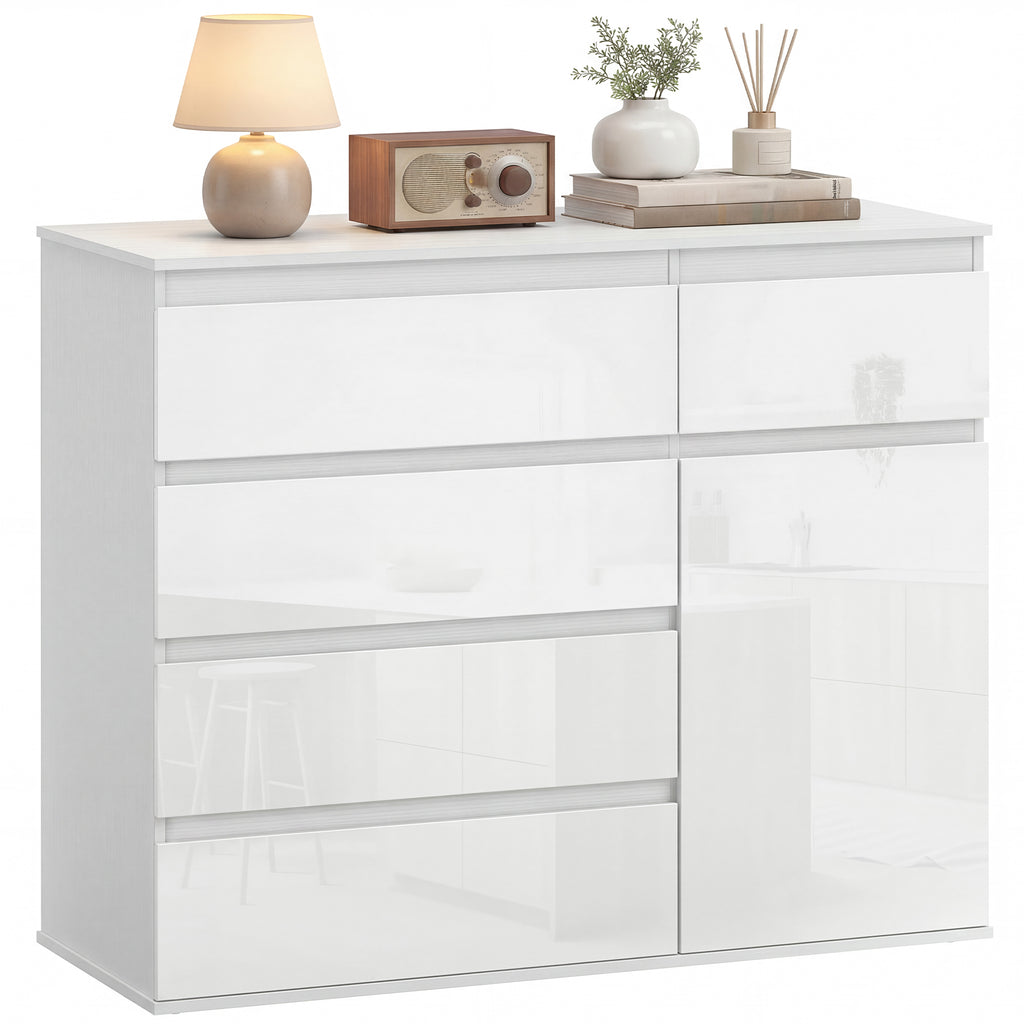 Modernes Sideboard, Stauraum-Sideboard mit 5 Schubladen, verstellbarem Regal, Soft-Close-Tür, Weiß Hochglanz