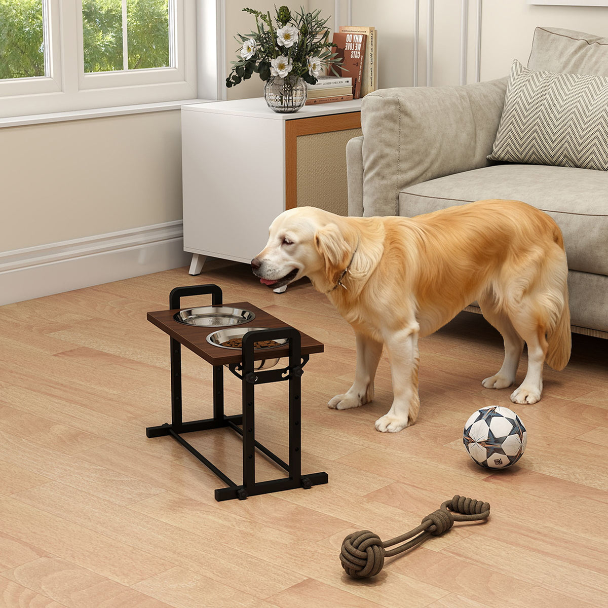 Raised Dog Bowls with Stand, 4 Heights Adjustable Pet Feeder with 3 Adjustable Angles for Small, Medium & Large Breeds, Brown
