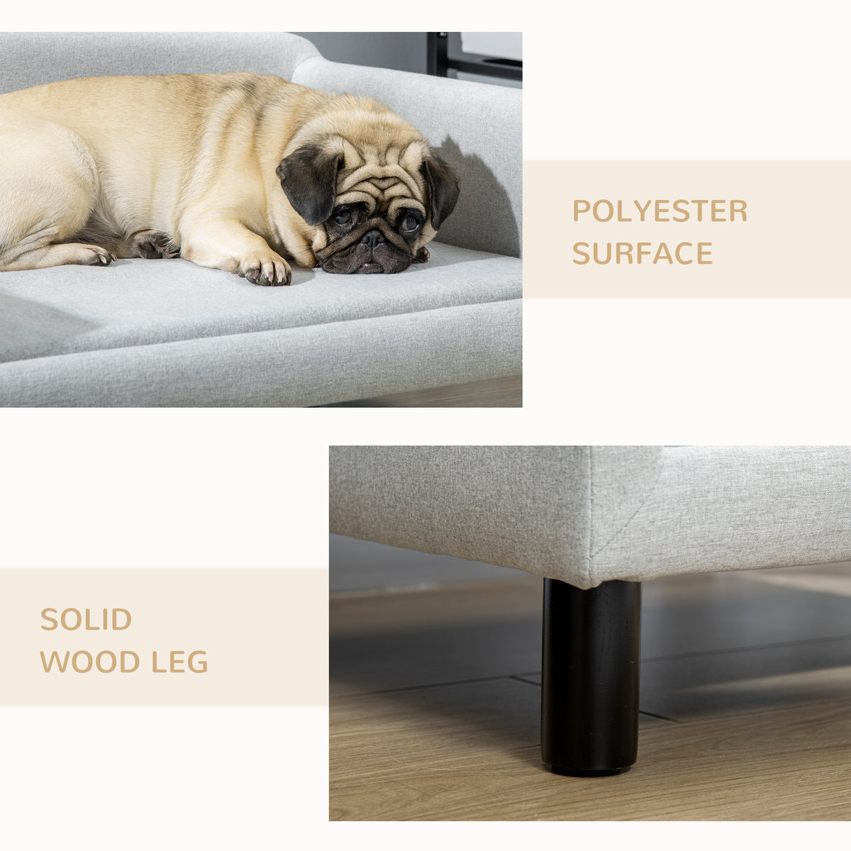 PawHut Hundesofa Hundebett Hundecouch aus Samt mit Rückenlehne, Holzbeine, Katzensofa für mittle Hunde 82 x 54 x 36 cm Hellgrau