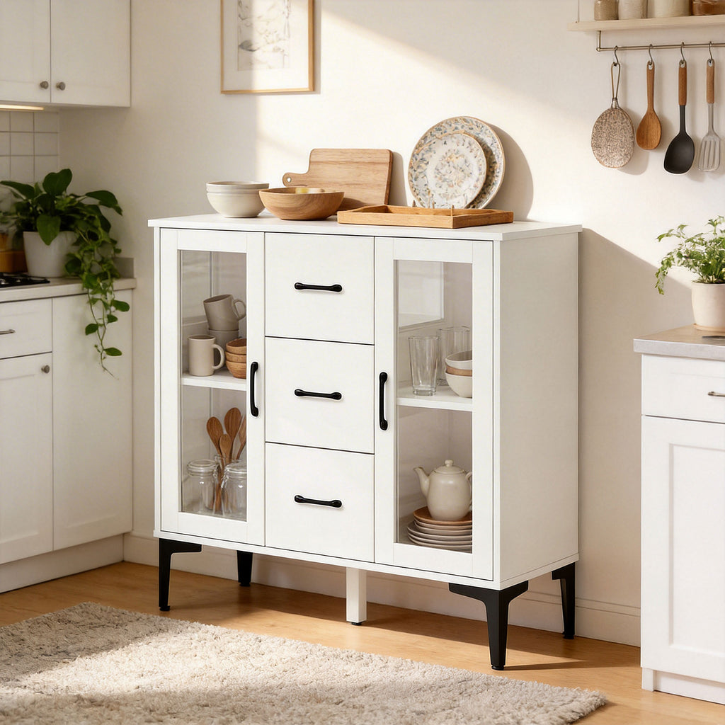 Modernes Sideboard mit Soft-Close-Türen, Buffetschrank mit 3 Schubladen, 2 Glastüren, verstellbare Regale, MDF, Weiß