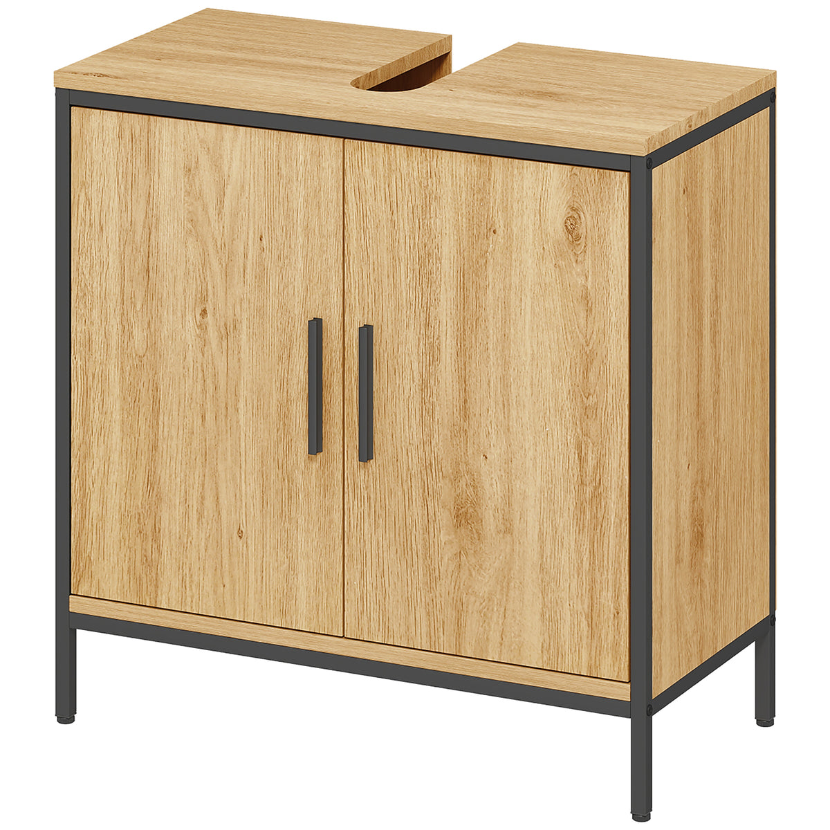 Waschbeckenunterschrank Badezimmer Unterschrank mit 2 Türen, einstellbarem Regal Badezimmerschrank mit Stahlrahmen, für Waschbecken ohne Sockel, Eiche, 60x30x60 cm