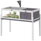 Wooden Tortoise House with Dual-Zone Habitat, Clear Panels, Openable Top, Metal Mesh, for Tortoises and Small Pets, Grey