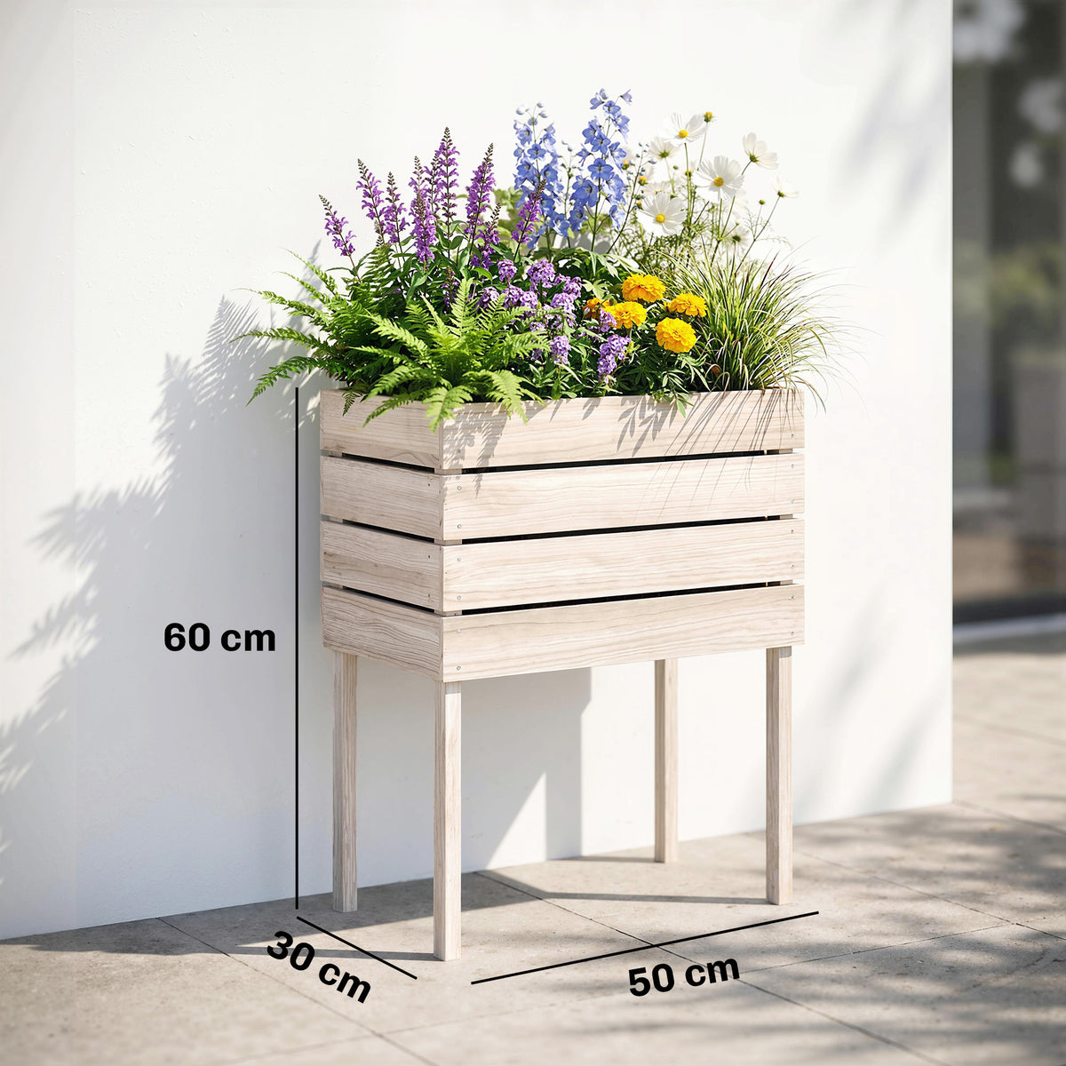 Hochbeet Blumenkasten Pflanzenkasten, wetterbest?ndig, Massivholz, 50 cm x 30 cm x 60 cm, Natur