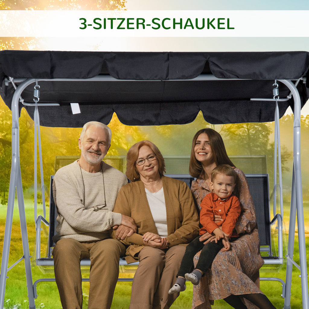  Hollywoodschaukel mit verstellbarem Sonnendach, 3-Sitzer Gartenschaukel mit Anti-Rutsch-Füßen, Schaukelbank belastbar bis 240 kg, Gartenliege für Garten, Terrasse, 171x108x154cm, Schwarz