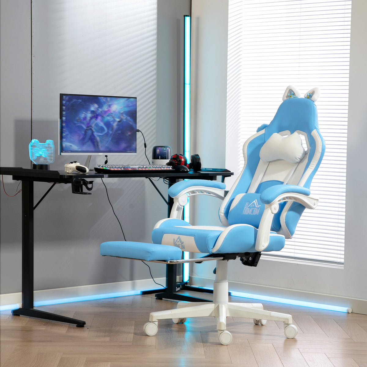Gaming-Sessel mit Katzenohren, neigbare Lehne, ausziehbare Fußstütze, bis 120 kg belastbar, Seeblau