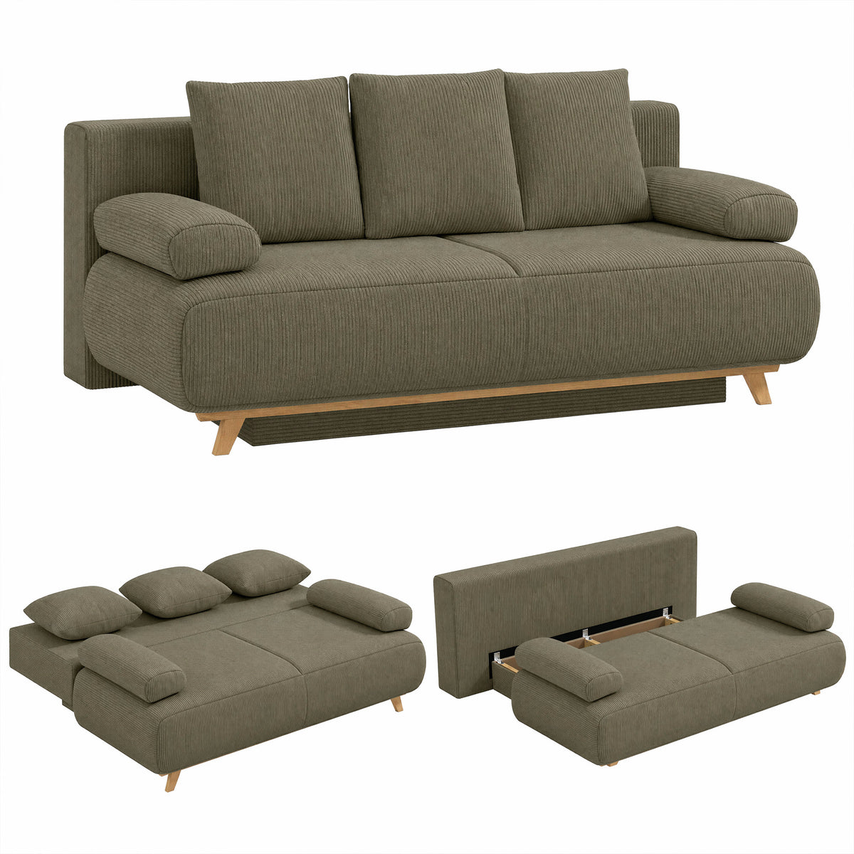 Schlafsofa mit verstellbarer Rückenlehne, Bettfunktion, verstecktem Stauraum und Cordbezug, Dunkelgrün