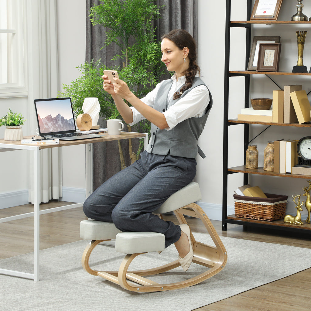 Kniestuhl, ergonomischer Sitzhocker, Polsterhocker für gesunde Sitzhaltung, Birkenholz, 120 kg belastbar, Cremeweiß