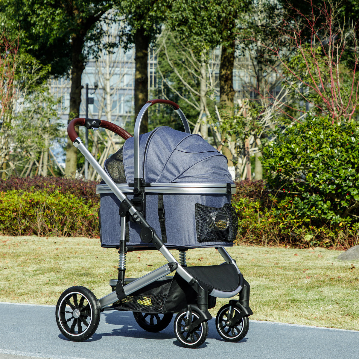 Hundewagen 3 in 1 Hundebuggy klappbar für Katzen bis 10 kg Katzenbuggy mit Kissen Becherhalter Dunkelblau