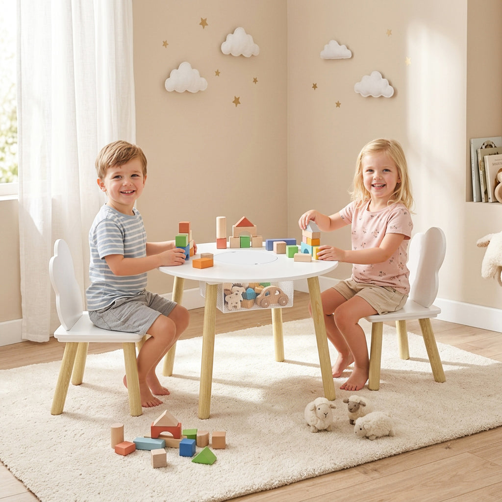 Kids Table and Chairs Set with Storage Bag Toddler Table and Chairs Set 3 Piece for Playroom White