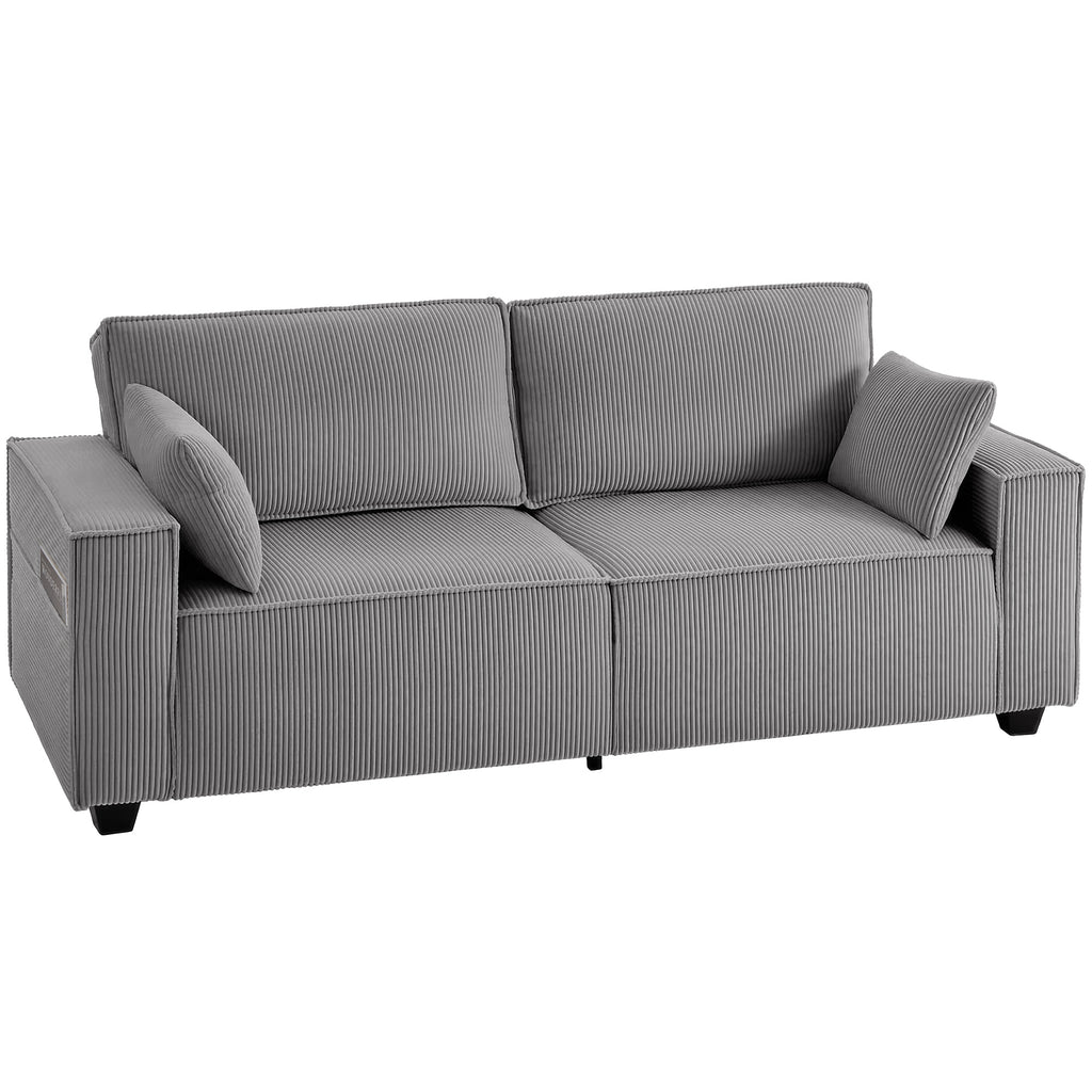 218 cm 3-Sitzer Sofa, modernes Cord-Sofa mit Taschenfeder-Polsterung, breiten Armlehnen und 2 Kissen, hellgrau