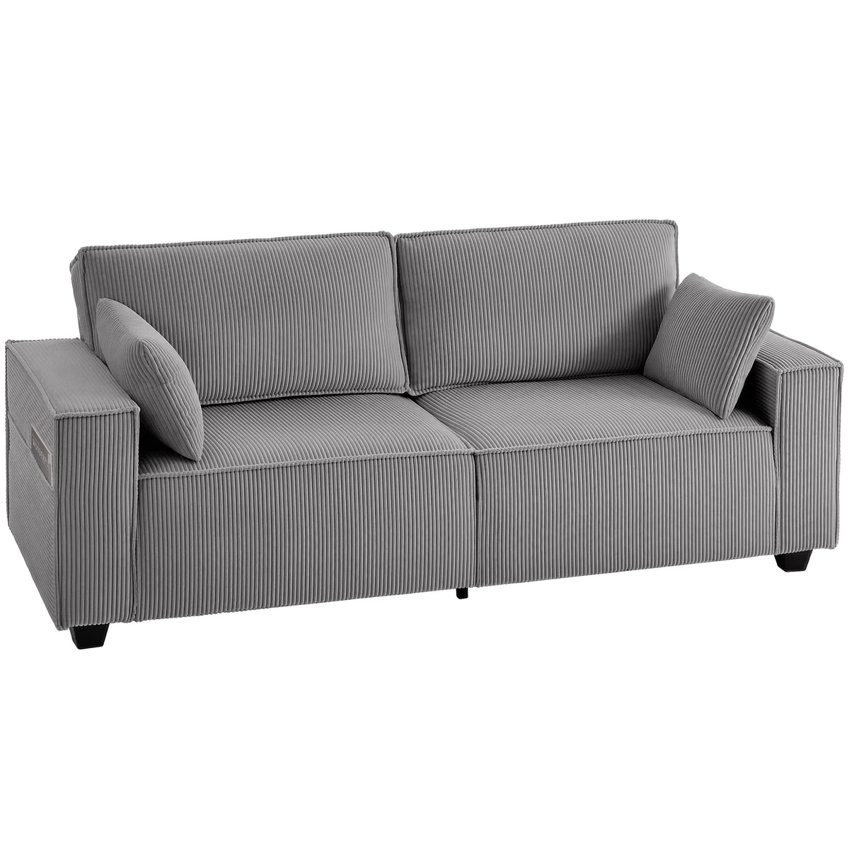 218 cm 3-Sitzer Sofa, modernes Cord-Sofa mit Taschenfeder-Polsterung, breiten Armlehnen und 2 Kissen, hellgrau