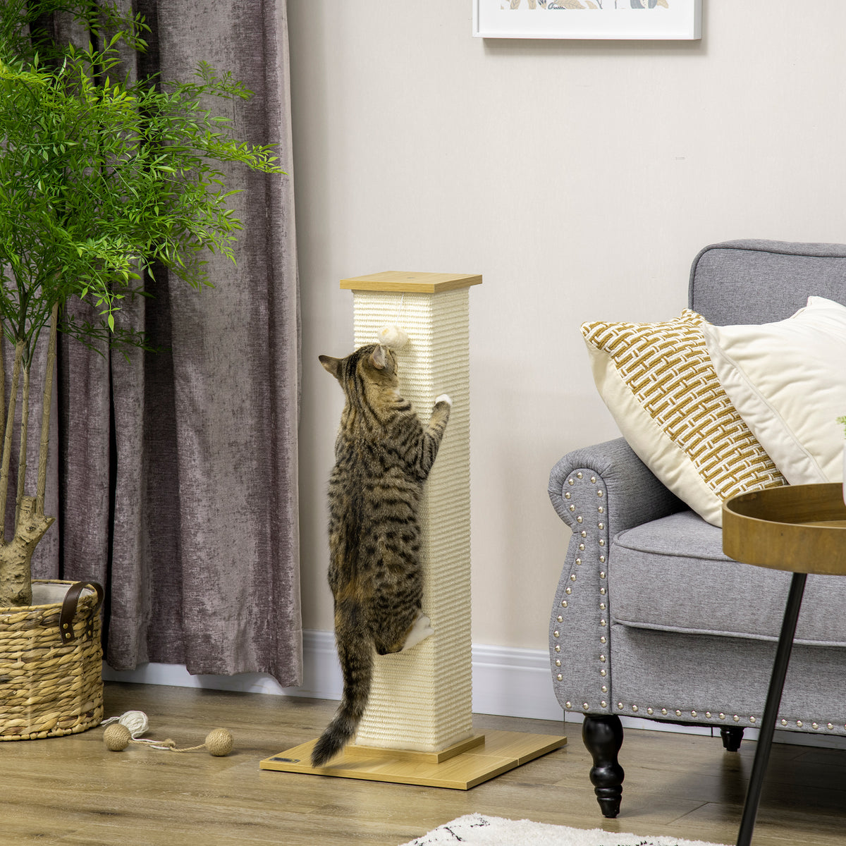 80cm Scratching Post, with Toy Ball, Sisal Rope - White