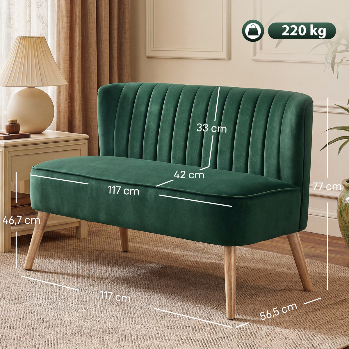 Sofa Retrodesign 2-Sitzer-Sofa, Holzbeine, 117 cm x 56,5 cm x 77 cm, Dunkelgr¨¹n