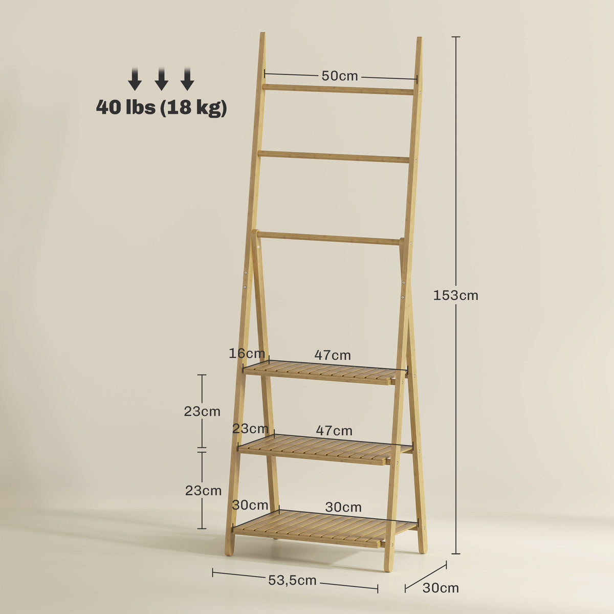 Three-Shelf Bamboo Storage Unit, with Towel Racks - Natural Finish
