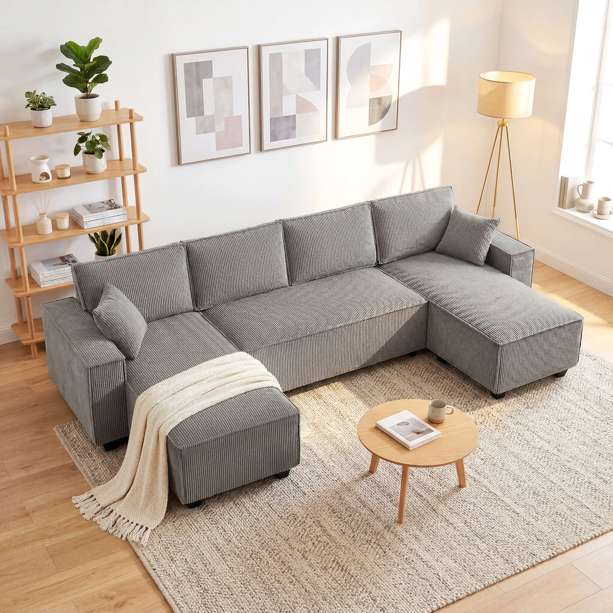 Ecksofa mit Doppel-Chaiselongues, U-förmiges Sofa aus Cordstoff mit breitem und tiefem Sitz, Federkernkissen, Hellgrau