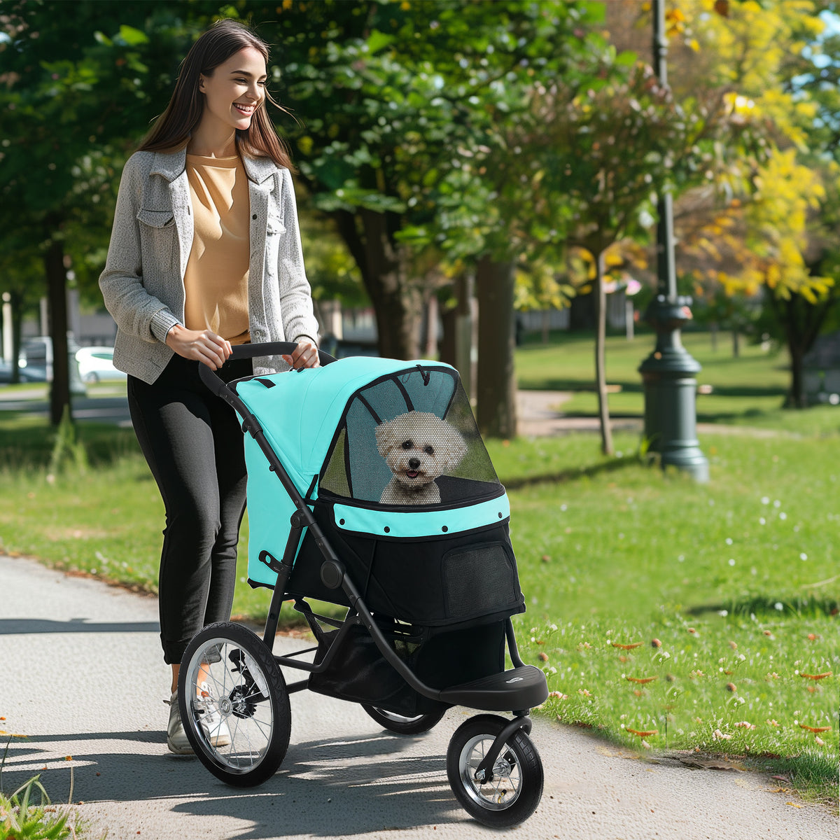Hundebuggy, Haustierwagen für kleine Hunde und Katzen, mit Aufbewahrungskorb, Ein-Klick-Faltdesign, Türkis