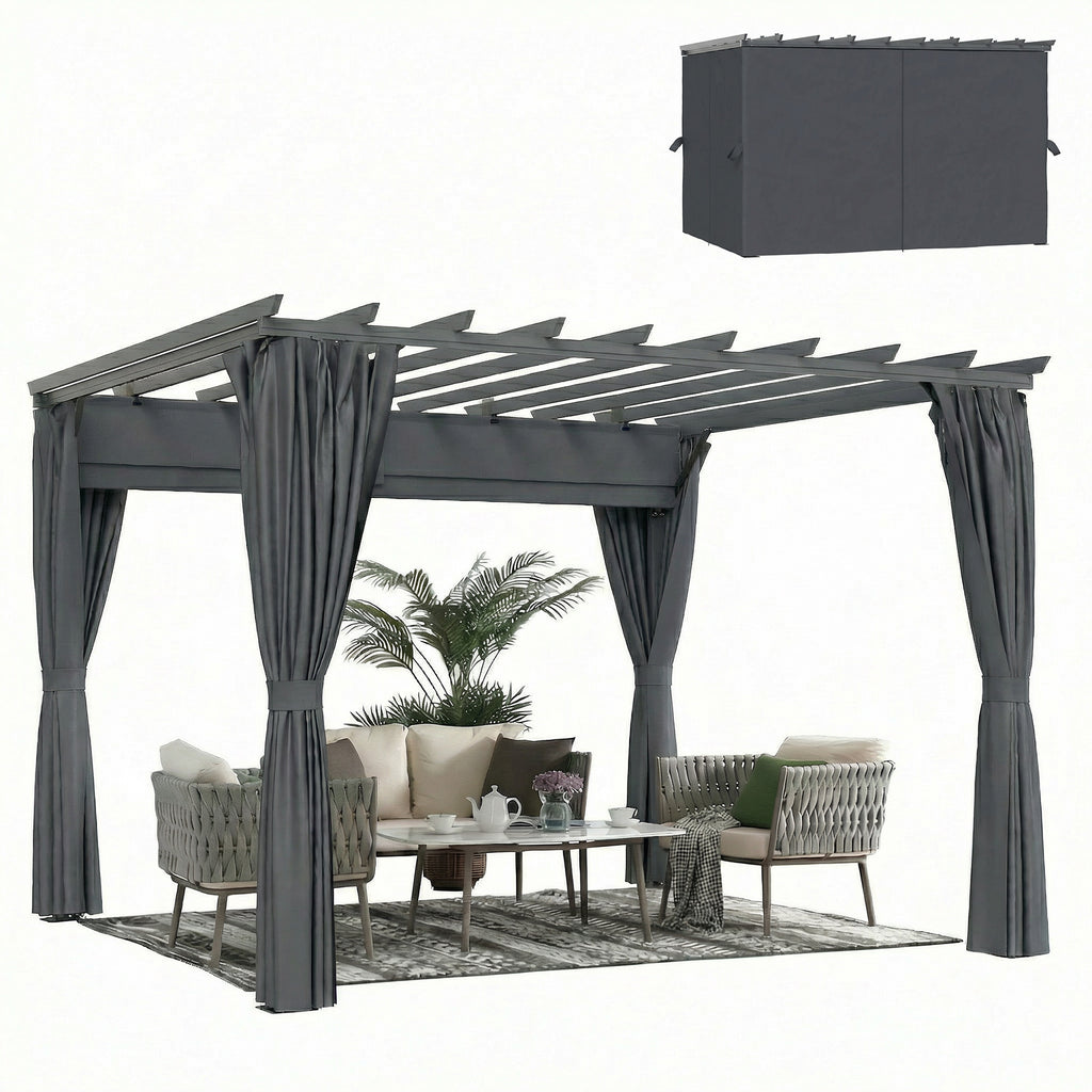 3.6 x 3 m Pergola with Retractable Roof Canopy, Curtains, Aluminium Garden Pergola Gazebo Sun Shade Shelter, Dark Grey