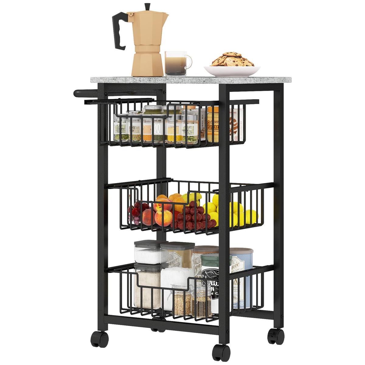 Three Basket Mobile Kitchen Island, with Brakes - Grey/Black