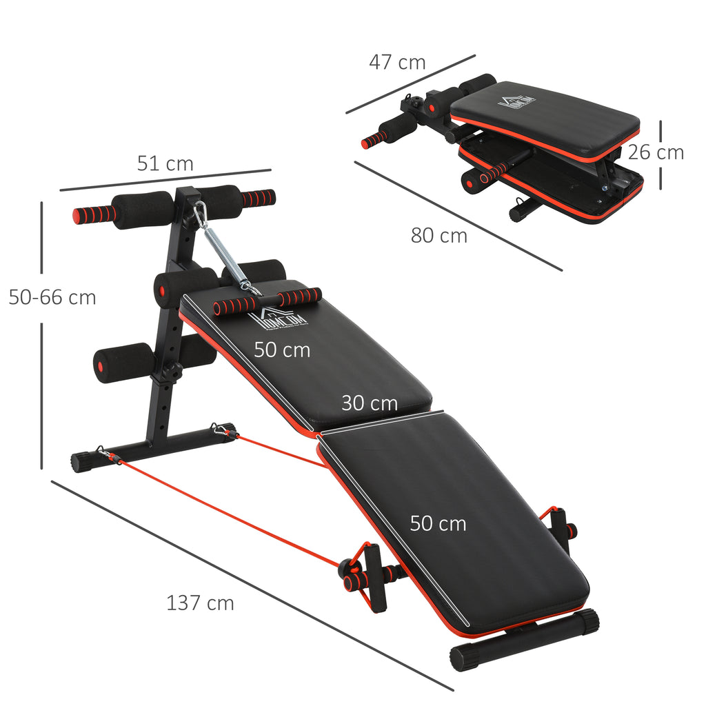  Sit Up Bench Core Workout Adjustable Thigh Support Foldable for Home Gym w/ Arm Pulling Rope Black