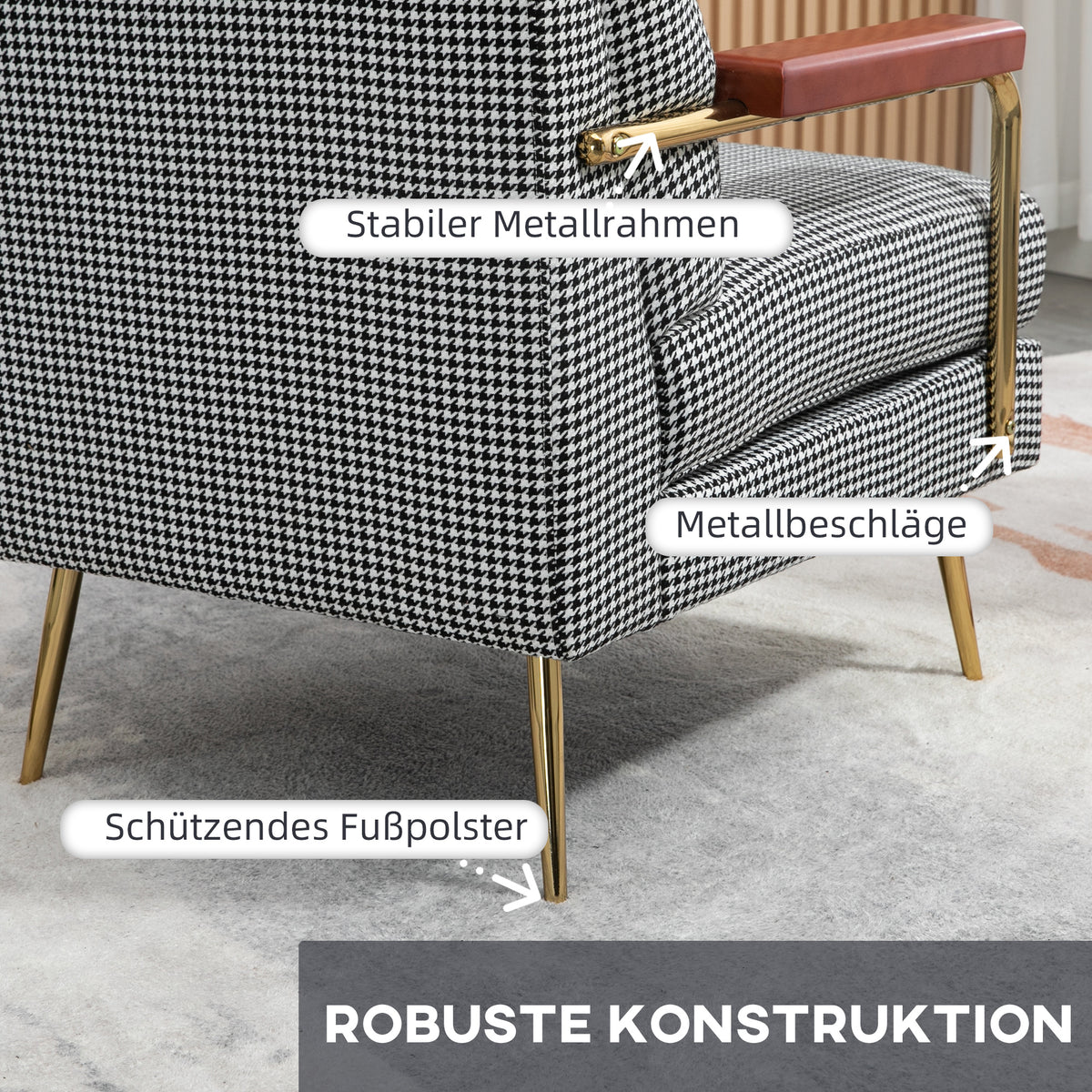 Sessel im Retrodesign, Akzentsessel, Hahnentrittmuster, Holzemelente, Federkern, Schwarz + Weiß