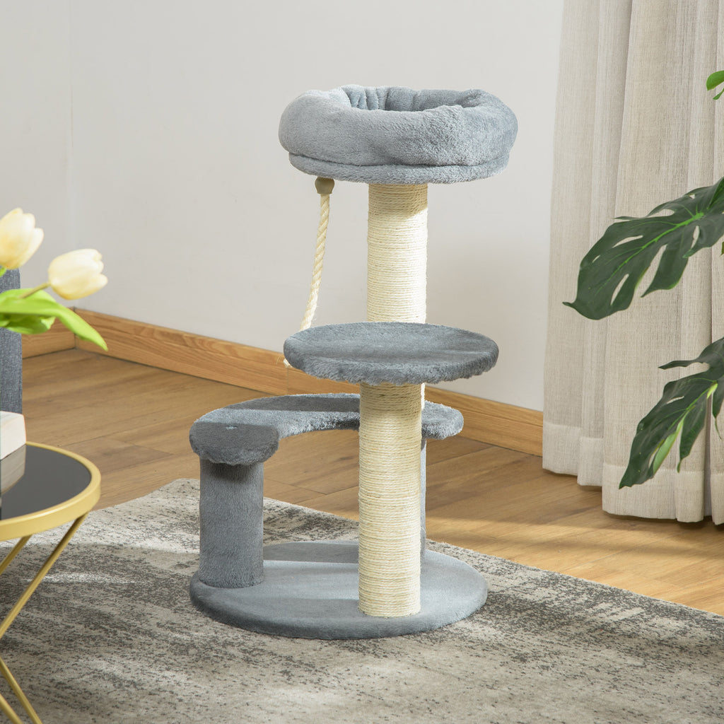 Kratzbaum 65 cm Kleiner Katzenbaum mit Katzenbett, Liegeplattform, Katzenkratzbaum mit Sisalsäulen Katzenmöbel für Katzen bis 3,5 kg, Grau