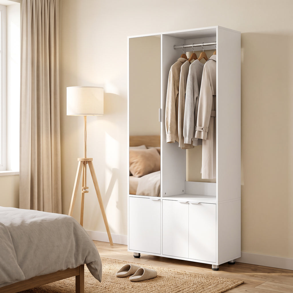 Kleiderschrank mit Spiegel, schmaler moderner Garderobenschrank mit Kleiderstange und Ablagefächern, Weiß
