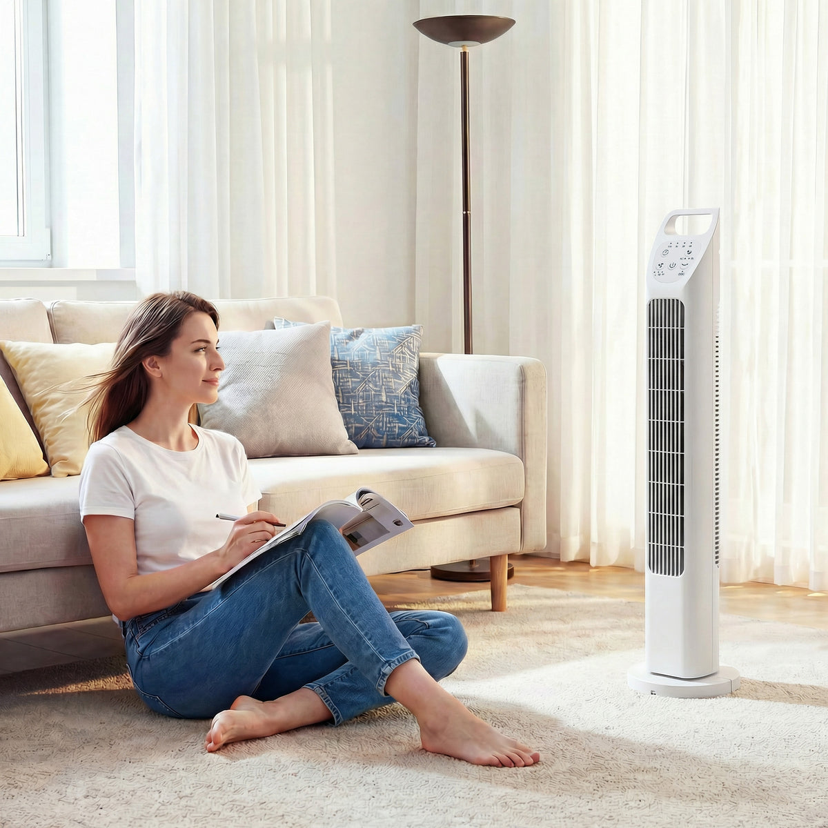 Turmventilator mit Fernbedienung, 7,5-Stunden-Timer, leiser Ventilator für Schlafzimmer, Weiß