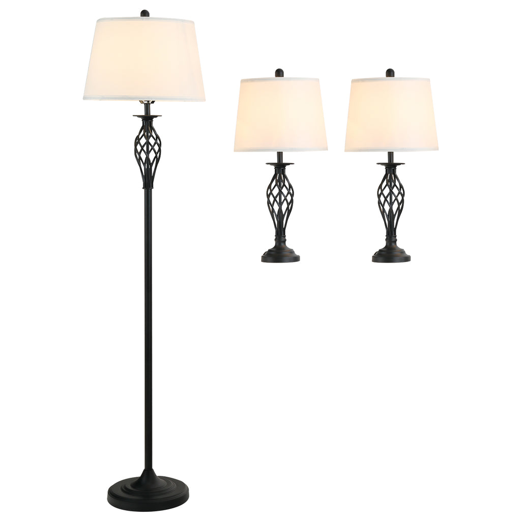 3er-Lampenset 2 Tischlampe(ø38 x 158H cm) + 1 Stehlampe(ø30 x 62H cm) Vintage Standlampe mit Fußschalter Leselampe für Wohnzimmer, Schlafzimmer Metall, Schwarz+Weiß