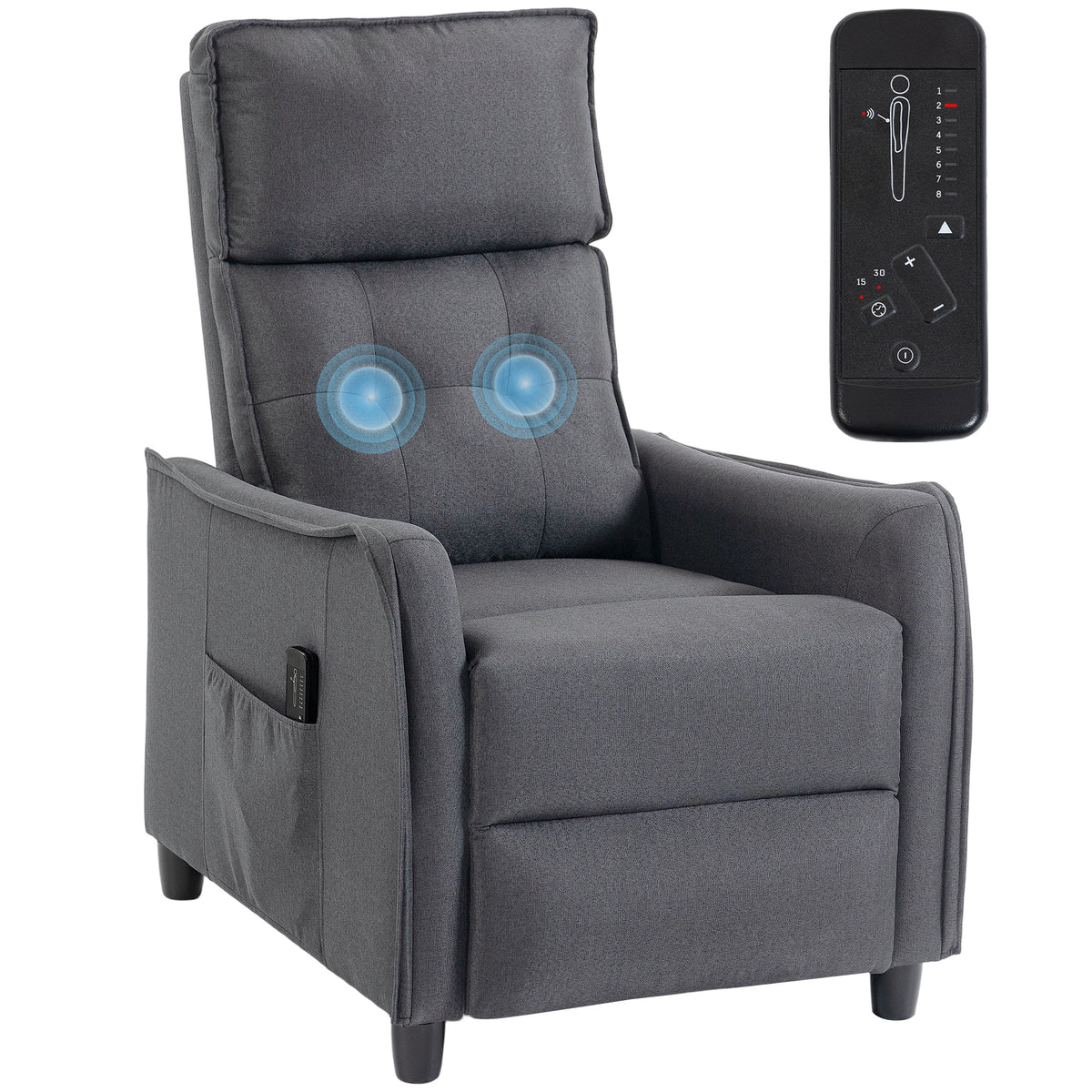 Relaxsessel mit Vibrationsmassage, Leinen-Optik, zurückklappbar mit Federpolsterung, Fußstütze, Grau
