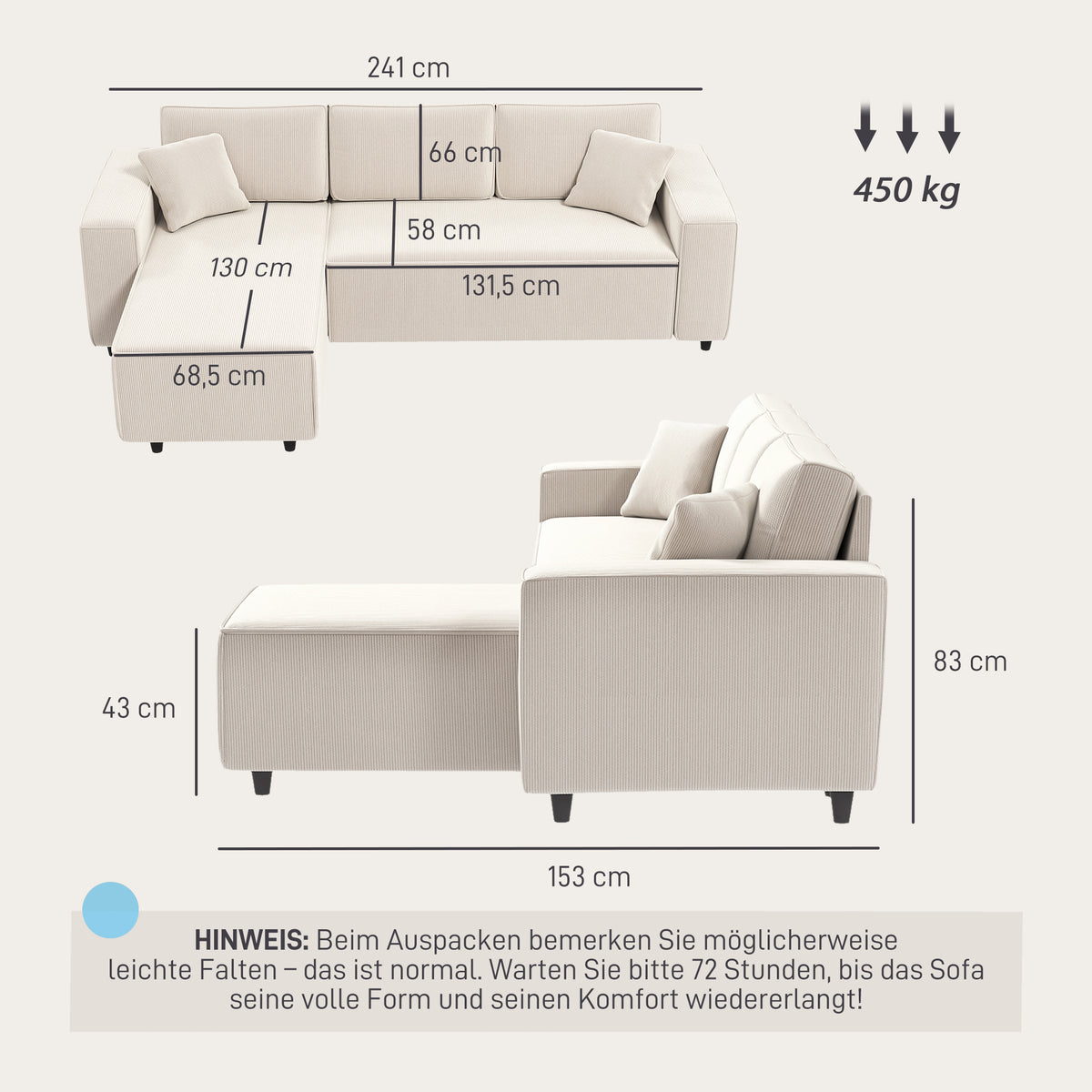 3-Sitzer-Sofa mit Chaiselongue, Wohnzimmercouch mit Cordbezug, 2 Extra-Kissen, Polstersofa, Cremewei?