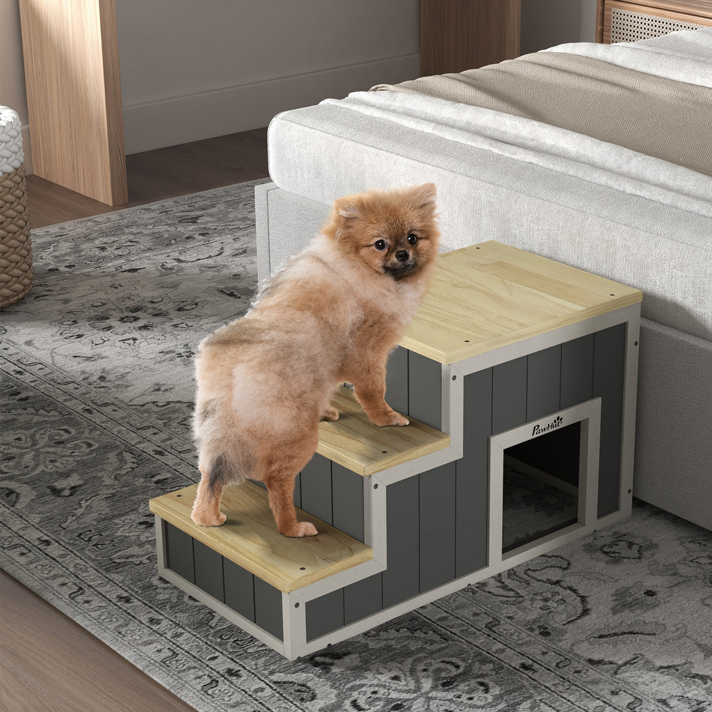 Haustiertreppe Hundetreppe, 3 Stufen, Kiefernholz, 79 cm x 38,5 cm x 45 cm, Natur + Wei?