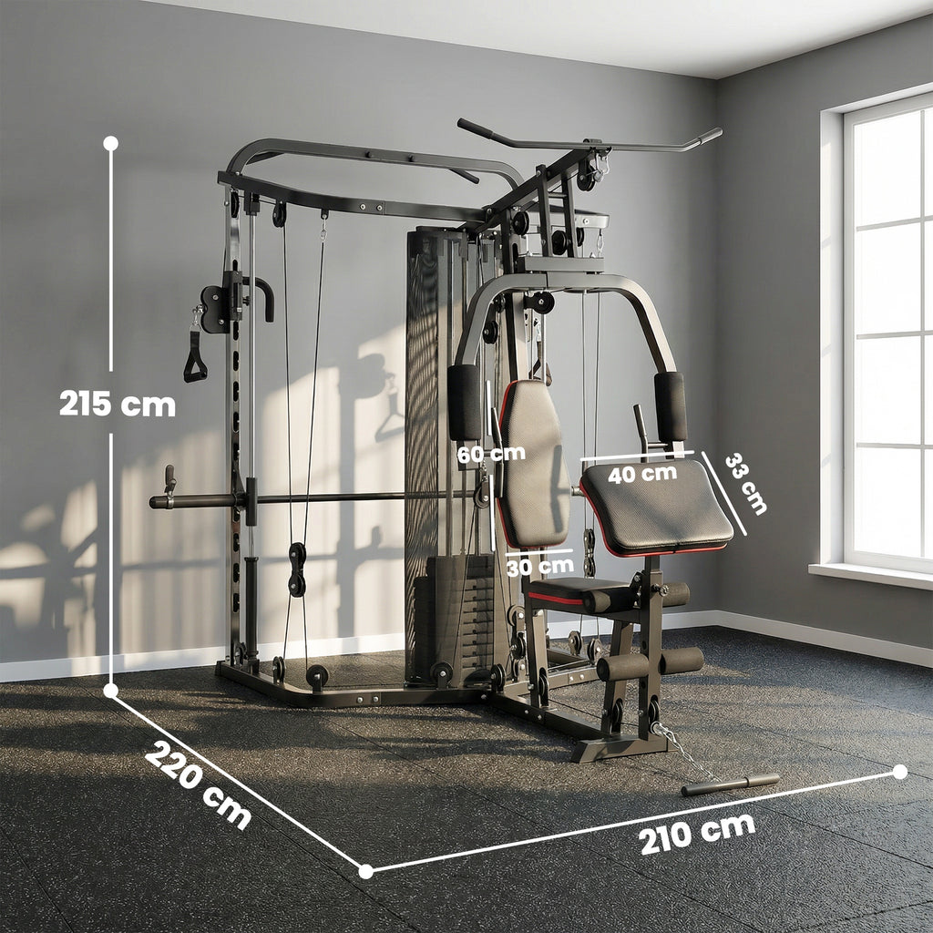 Home Multi Gym Smith Machine with 65kg Weight Stack, Cable Pulley System, Chest Station, Preacher Pad & Leg Developer