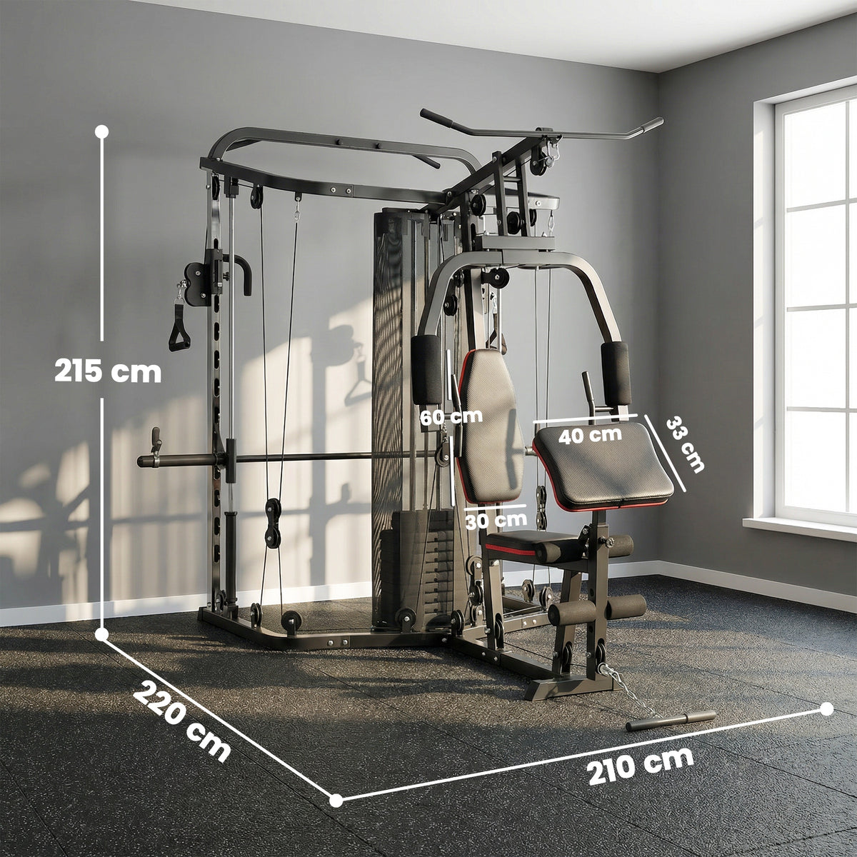 Home Multi Gym Smith Machine with 65kg Weight Stack, Cable Pulley System, Chest Station, Preacher Pad & Leg Developer