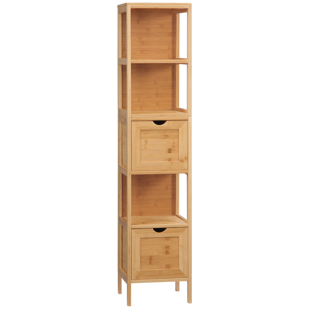 Badezimmerschrank, 3 Regale, 2 Schubladen, Bambus, 30?cm x 30 cm x 140 cm, Natur