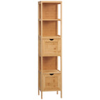 Badezimmerschrank, 3 Regale, 2 Schubladen, Bambus, 30?cm x 30 cm x 140 cm, Natur