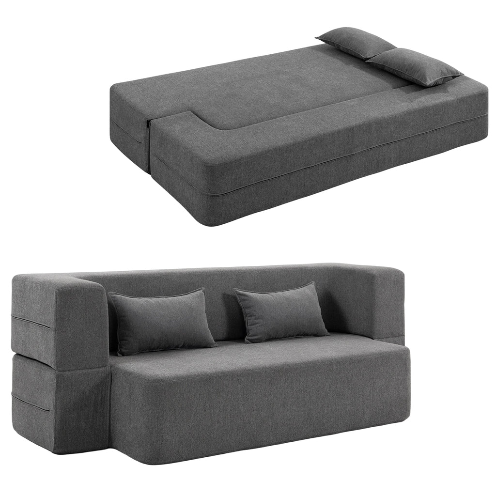 2-Sitzer-Schlafsofa aus Schaumstoff, Schlafcouch mit breiten Armlehnen, 2 Kissen, 360 kg Belastbarkeit, Grau