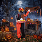Animierter Halloween-Popcorn-Clown mit hochschnellendem Kopf, Grusel-Sound, Jahrmarktmusik und leuchtenden Augen