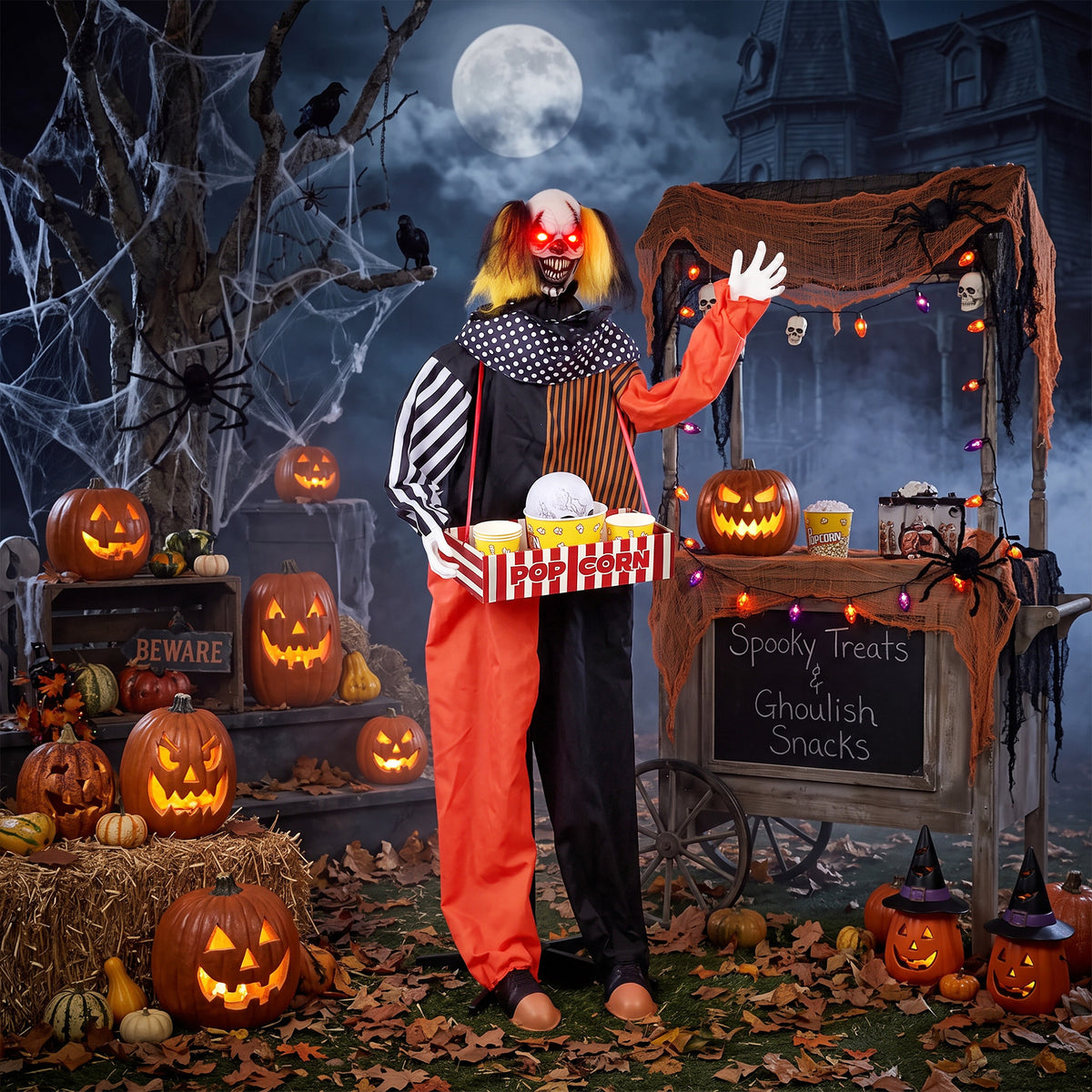 Animierter Halloween-Popcorn-Clown mit hochschnellendem Kopf, Grusel-Sound, Jahrmarktmusik und leuchtenden Augen