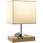 Nachttischlampe, USB-Anschlüsse, Holz, Stoff, Wippschalter, Ablagefächer, Weiß