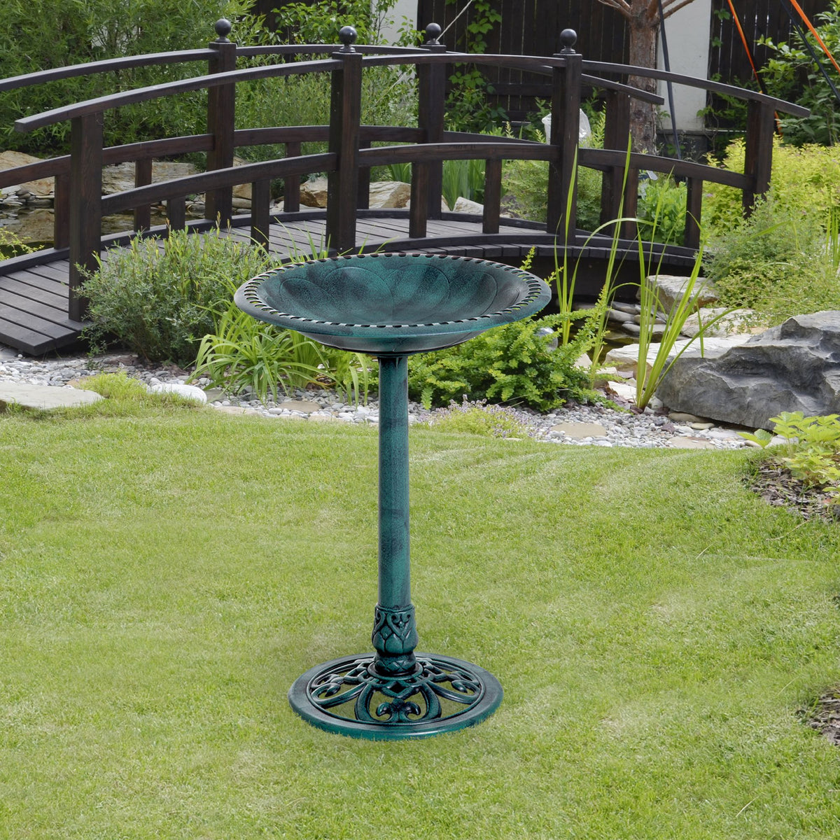 Garden Bird Bath Outdoor Decrative Garden Feeder Stand with Scallop-like Pattern, Time-Worn Finish, 50cm, Green