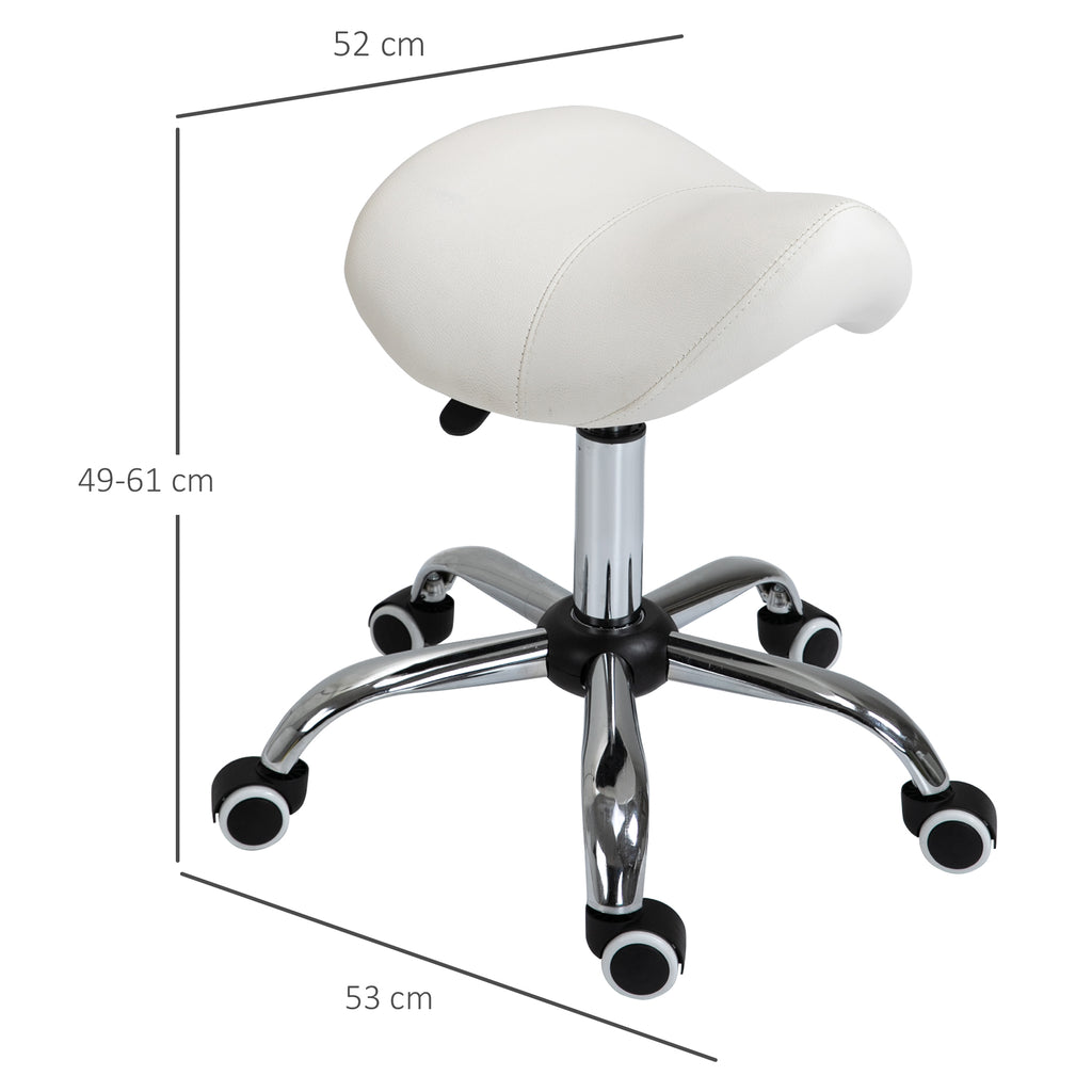 Cosmetic Stool 360° Rotate Height Adjustable Salon Massage Spa Chair Hydraulic Rolling Faux Leather Saddle Stool, Cream