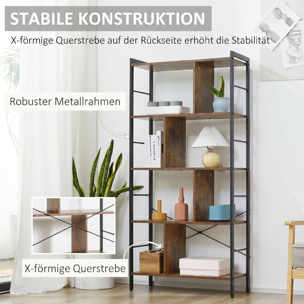 Bücherregal, Schmal Standregal Regal mit 5 Ebenen, Büroregal für Wohnzimmer, 77 x 30 x 157,5 cm, Rustikales Braun