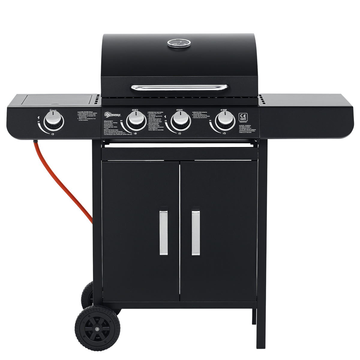 Gasgrill mit 3 Hauptbrennern + 1 Seitenbrenner, Ablage, rostfreier Stahl, schwarz, 110 x 50 x 100 cm