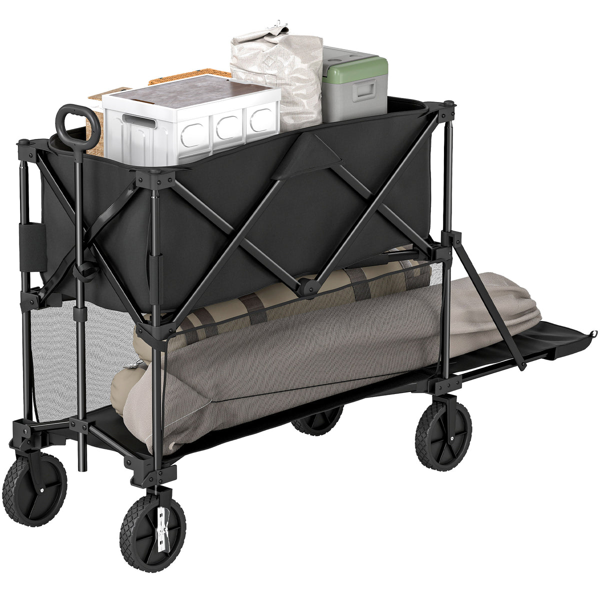 Double Decker Folding Festival Trolley on Wheels, 200KG & 350L Capacity Collapsible Wagon Festival Trolley Cart with 134cm Extended for Camping Sports Shopping Garden and Beach, Black