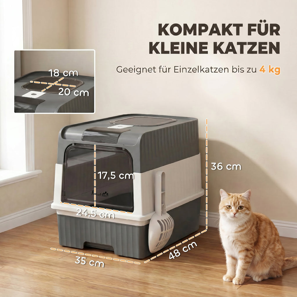 Enclosed Cat Litter Box with Lid, Pull-Out Drawer Tray, Scoop, 4 Deodorisation Bags, Front Entry & Top Exit, Grey