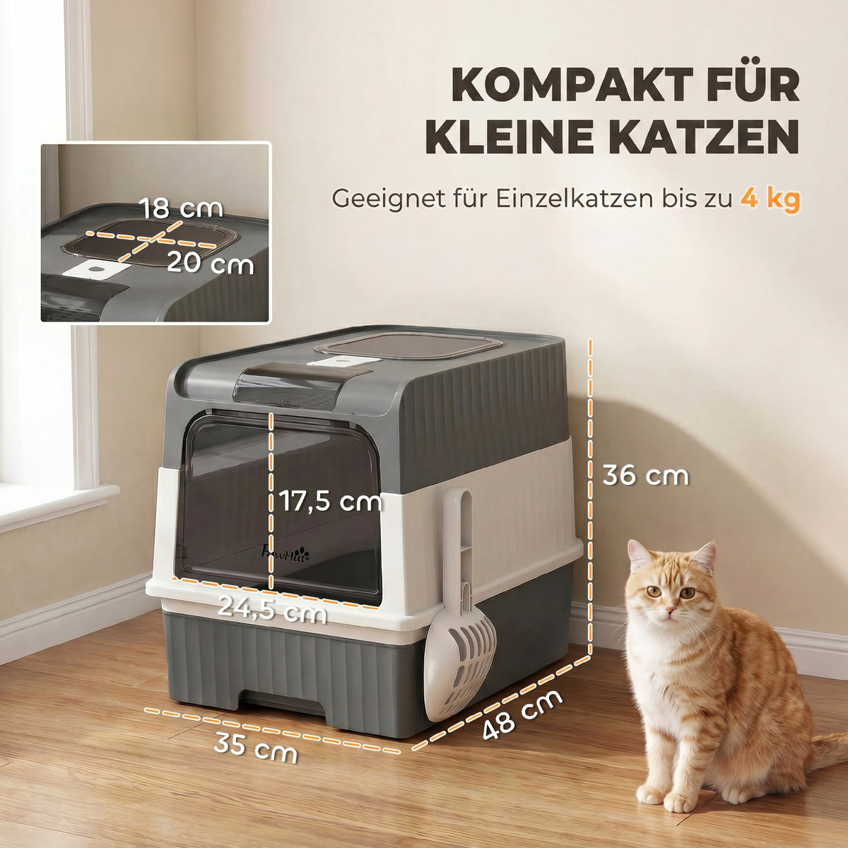 Enclosed Cat Litter Box with Lid, Pull-Out Drawer Tray, Scoop, 4 Deodorisation Bags, Front Entry & Top Exit, Grey