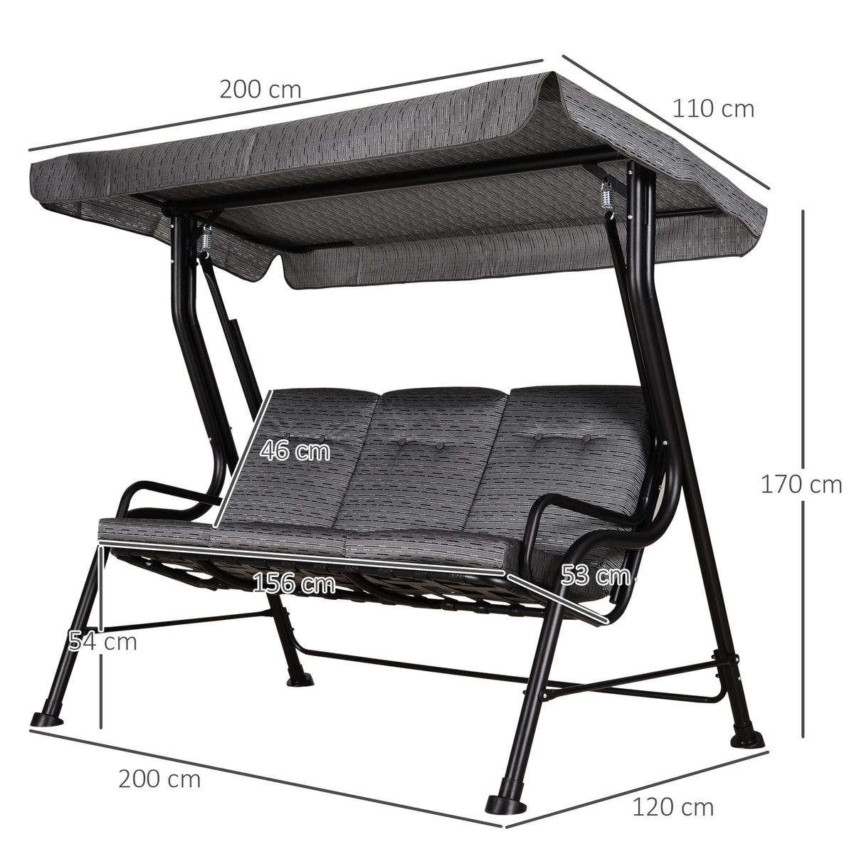 Hollywoodschaukel, 3-Sitzer Gartenschaukel, Verstellbares Sonnendach, Texteline Grau 200 x 120 x 170 cm