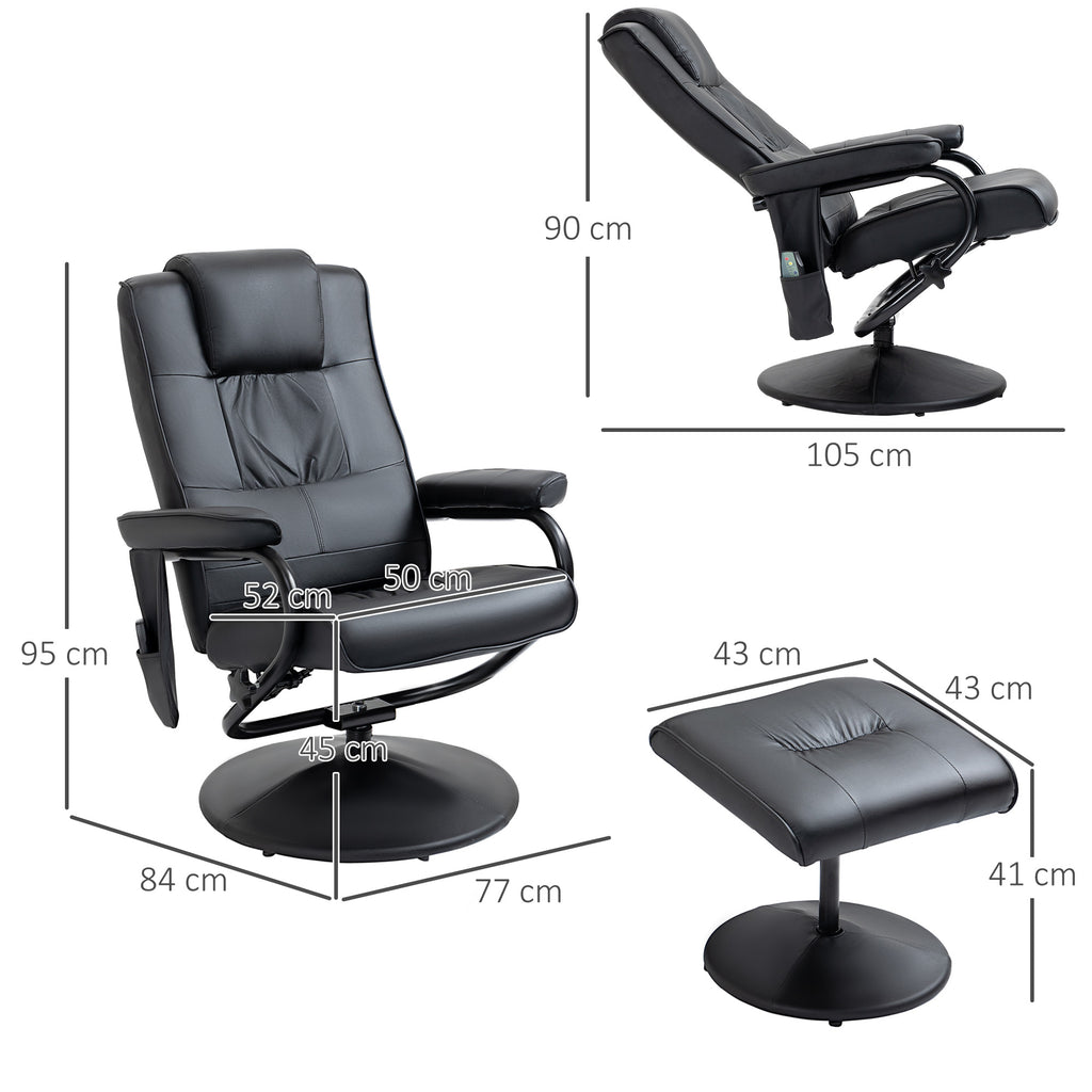 Relaxsessel mit Hocker, 360°drehbarer Fernsehsessel mit Massage, Liegefunktion, Massagesessel mit Seitentasche, TV-Sessel aus Kunstleder für Wohnzimmer Schwarz